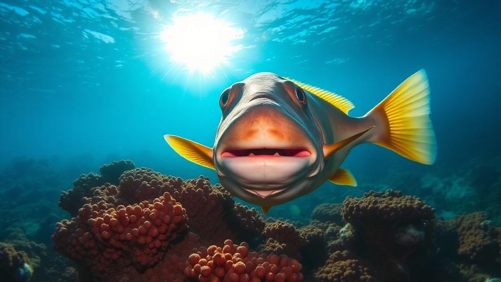 A curious grouper hovering close to the lens beneath the sun.