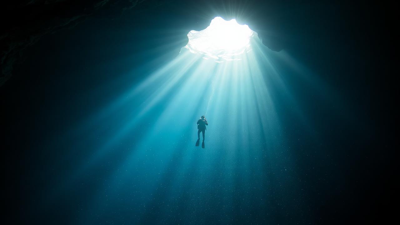 A single shaft of light falling into a cavern where a diver hangs.
