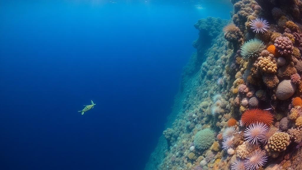 A single turtle crossing a wide reef wall in clear blue water.