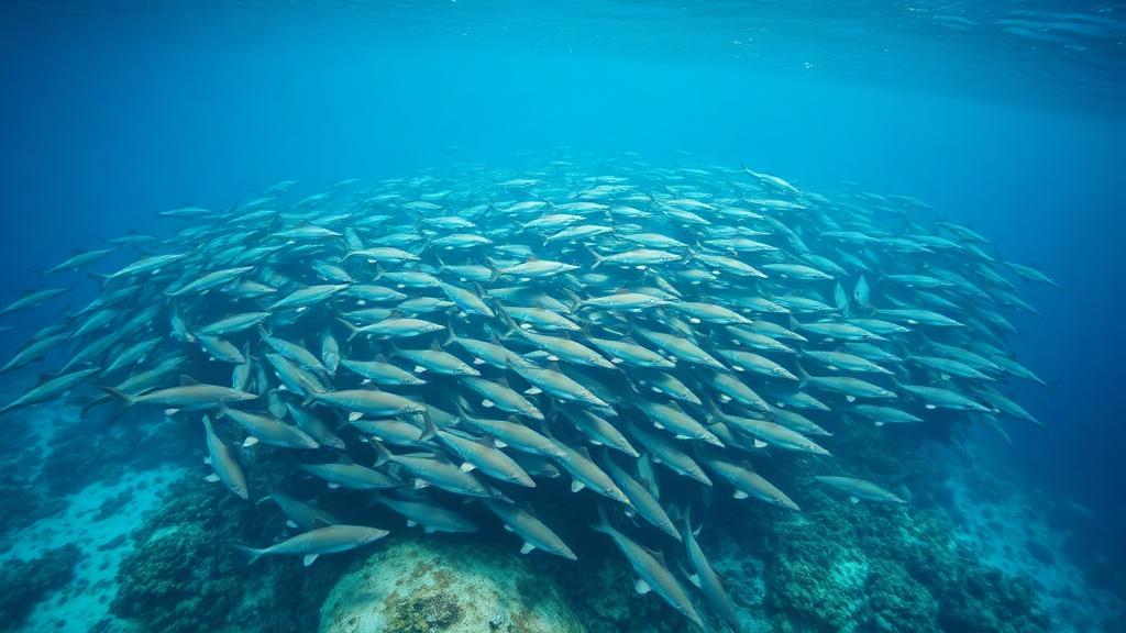 A slow school of fish drifting over a sandy reef flat.
