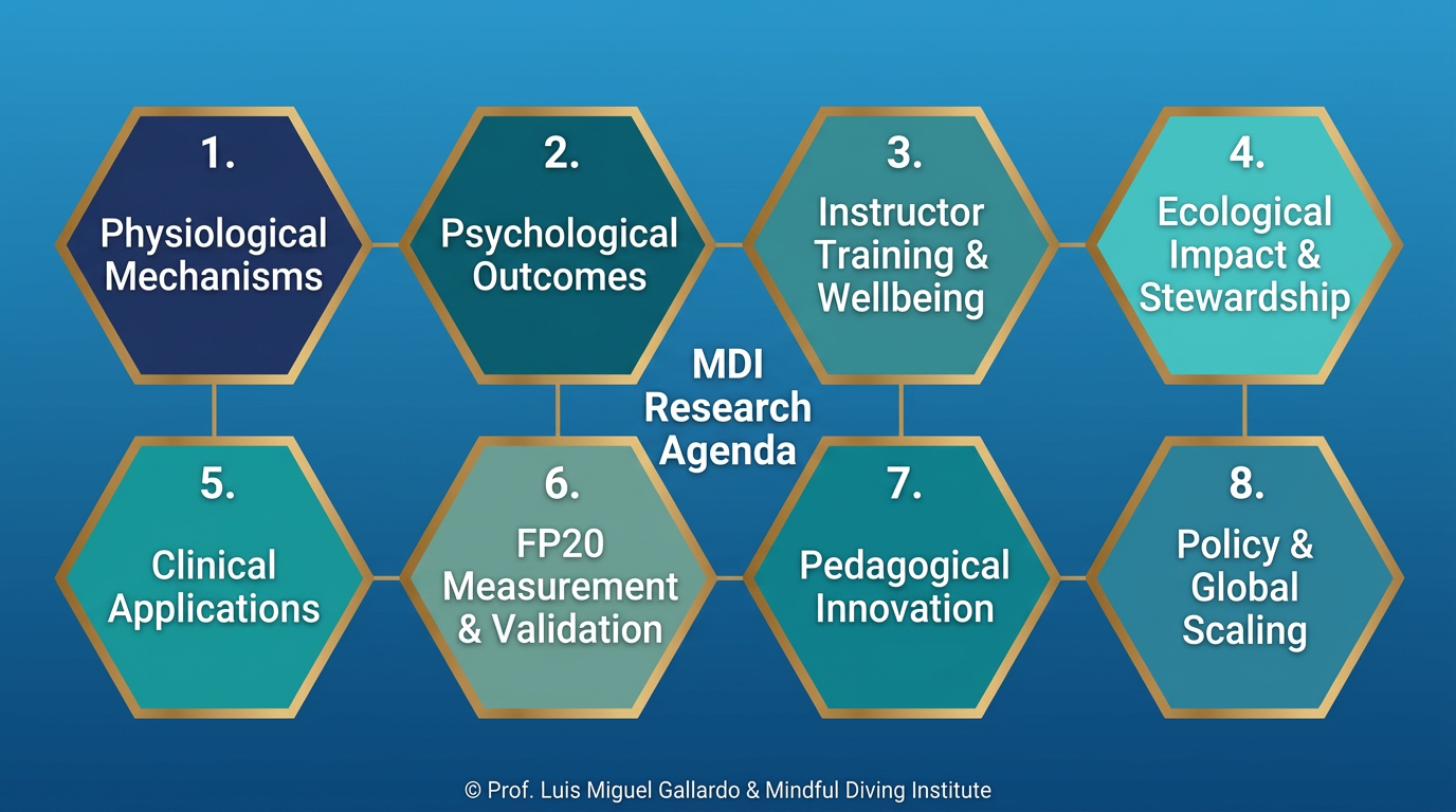 Figure 7 | The MDI research agenda framework — a honeycomb mapping eight research priority domains, from randomised trials and neurophysiology to ocean conservation and global scaling.