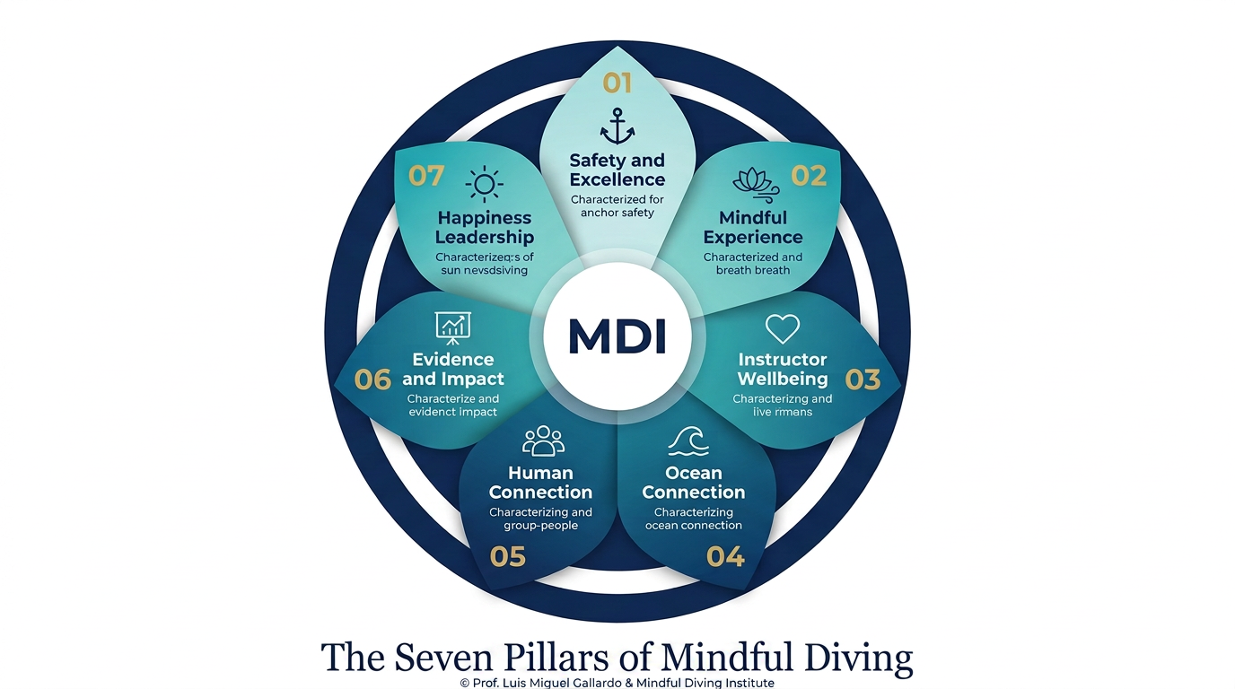 Figure 3 | MDI seven pillars radial diagram — the core pillars of the Mindful Diving Institute displayed as an integrative radial wheel.