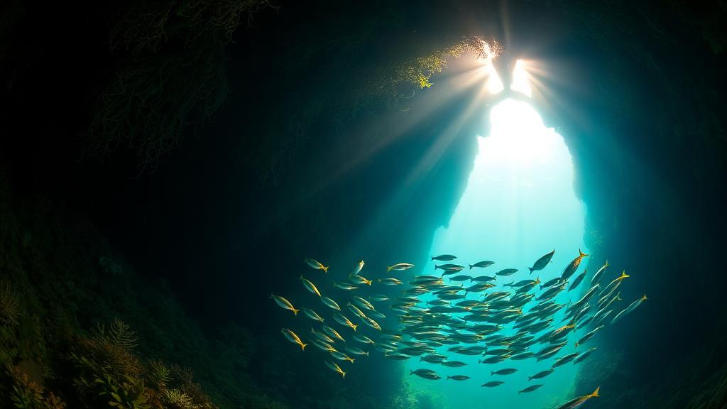 Light pouring through a cavern mouth as small fish gather.