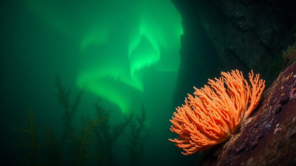 Soft coral in green water beneath a curtain of light.