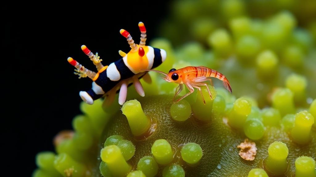 A clownfish and a tiny shrimp sharing a bubble-tip anemone.