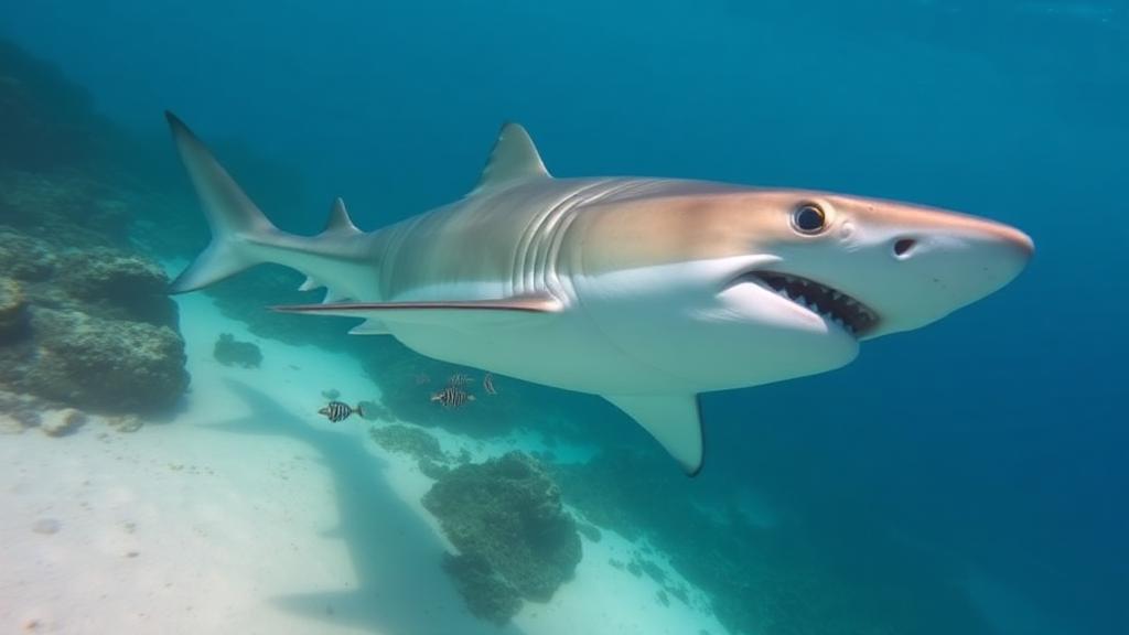 A reef shark cruising the sand flat in clear water.