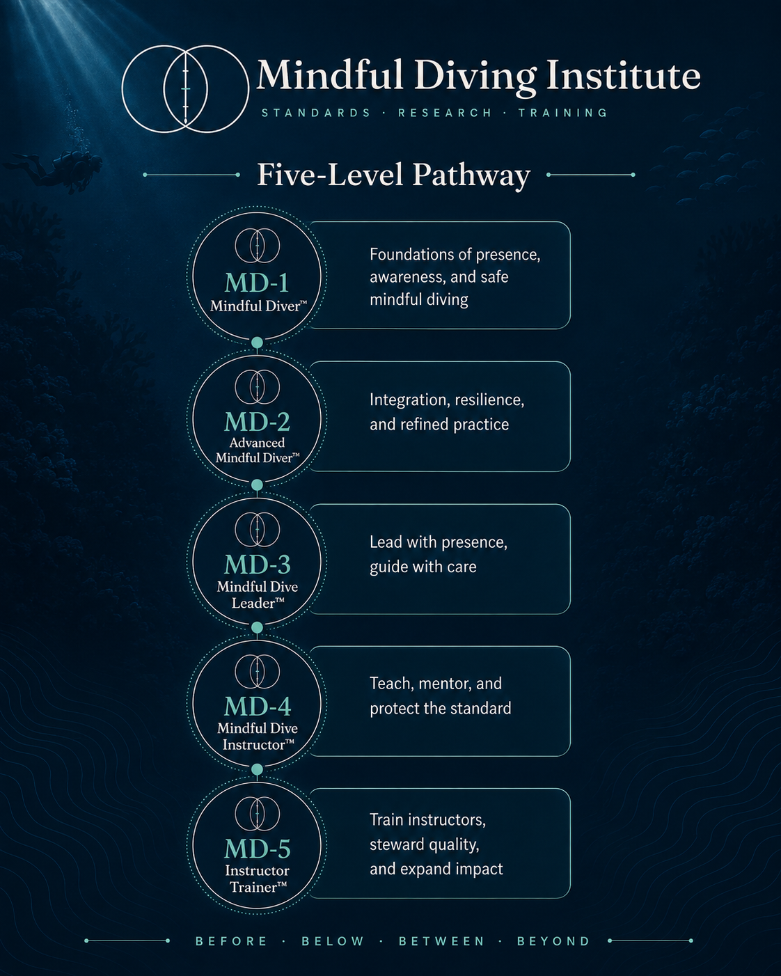 The Mindful Diving Institute five-level pathway, vertical layout, MD-1 to MD-5.