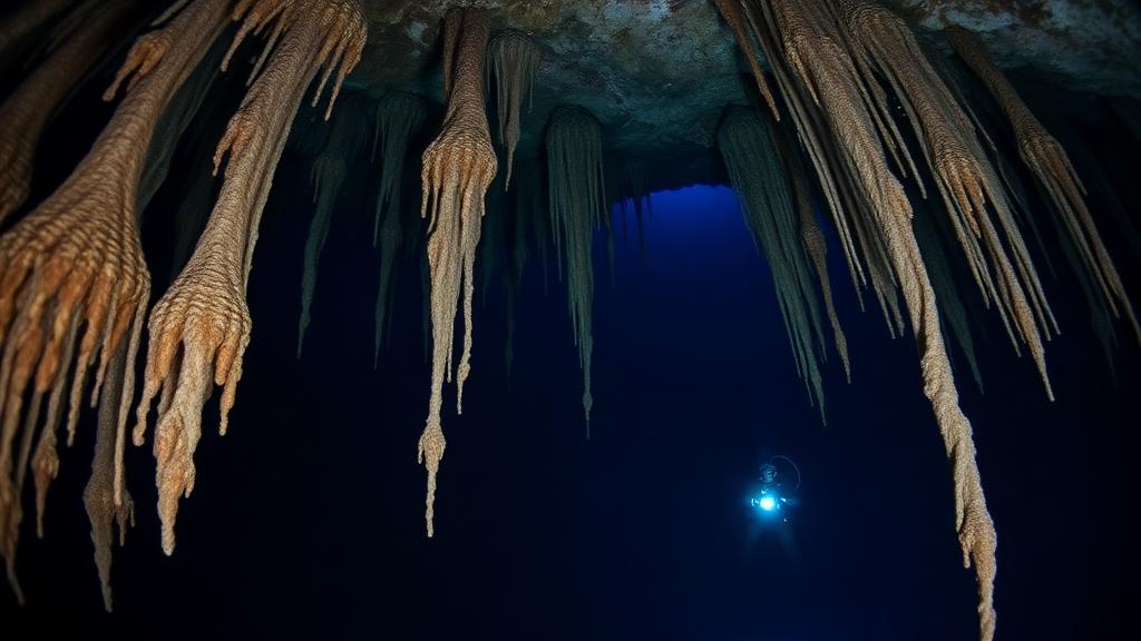 Stalactites hanging above dark cavern water.