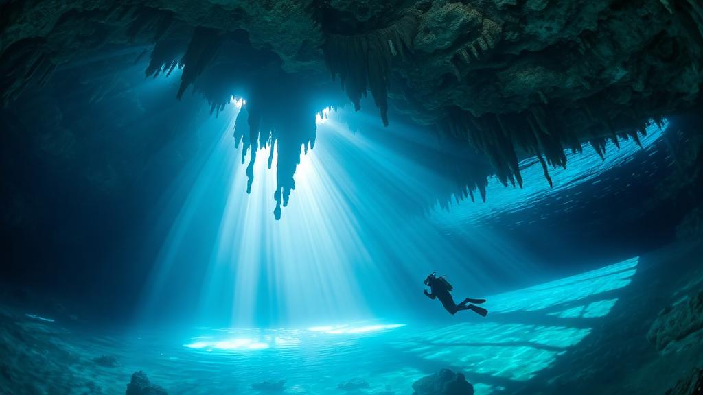 Shafts of light entering a cavern where a diver hovers.