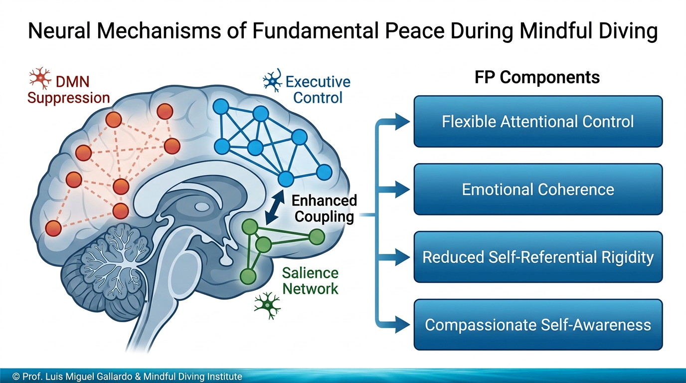 Figure 2 | Neural architecture of Fundamental Peace — a three-phase model of how breath regulation, sensory focus and contemplative immersion reconfigure Default Mode Network activity, activate prefrontal regulatory circuits and produce the integrative FP state.