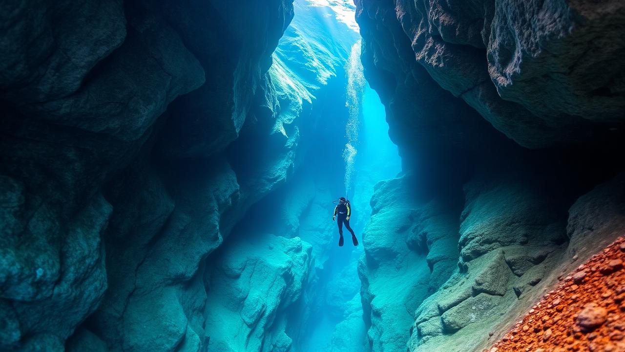 A diver drifting through a clear rock fissure.