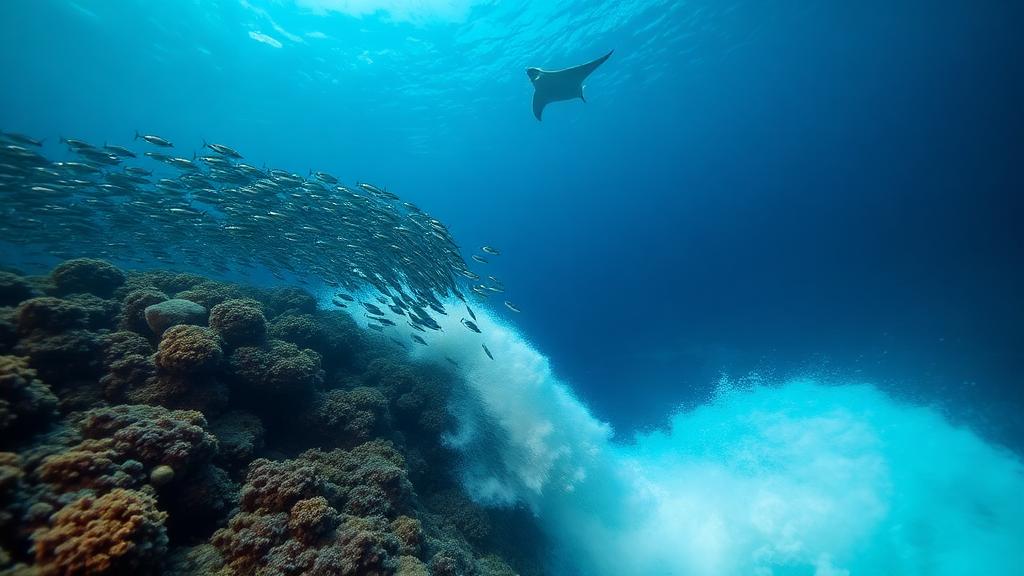 A quiet reef slope falling away into pale blue water.