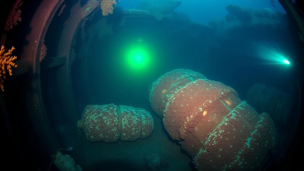 Two mooring drums resting in green water, lit by a diver's lamp.
