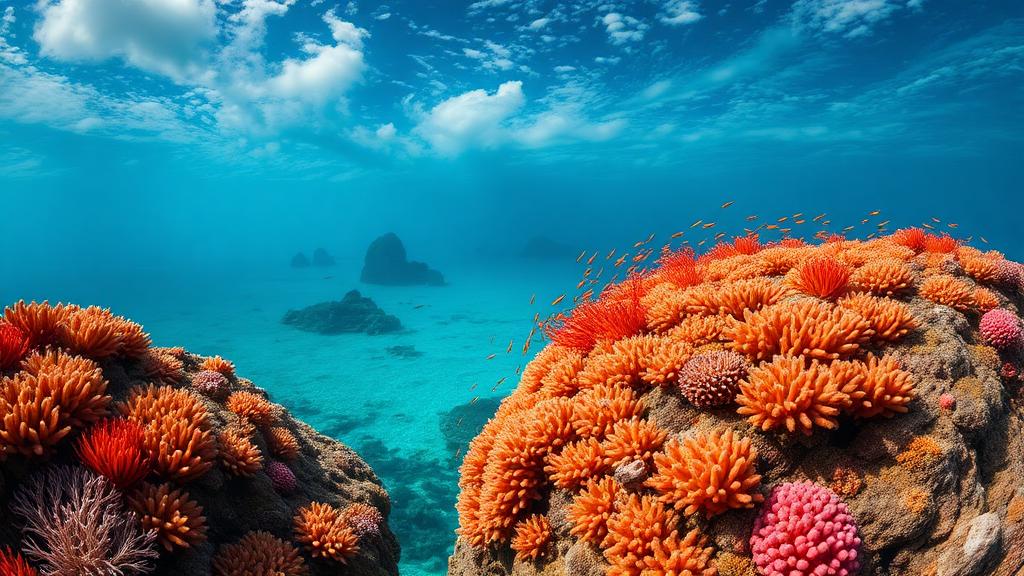 A bright coral garden of orange and red anemones on a shallow reef under a sunlit surface.