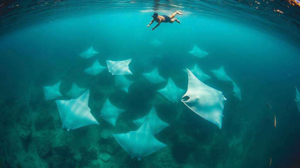 A squadron of rays gliding over pale sand below a lone diver.