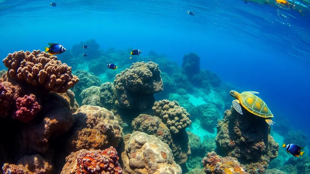 A turtle and reef fish over a colourful shallow coral garden.