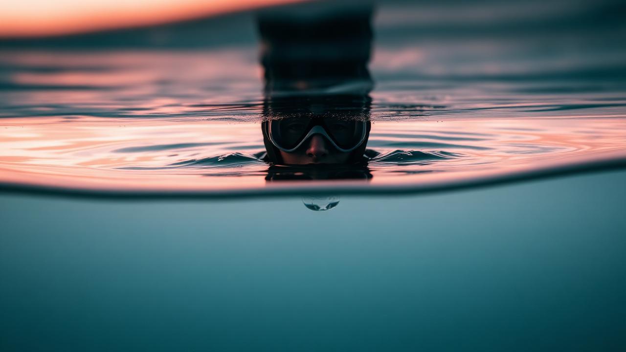 A masked diver's face breaking a calm surface at dawn.
