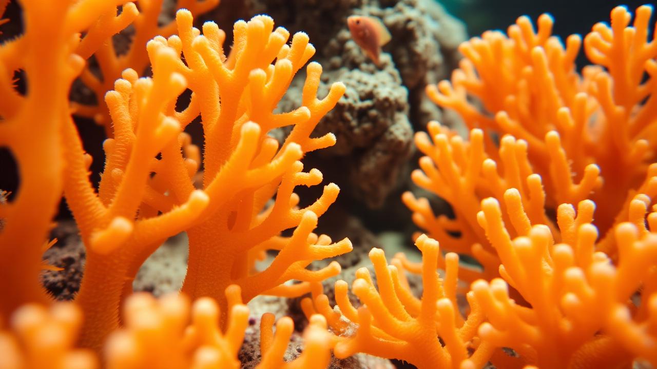 Orange soft coral in close detail with a small reef fish.