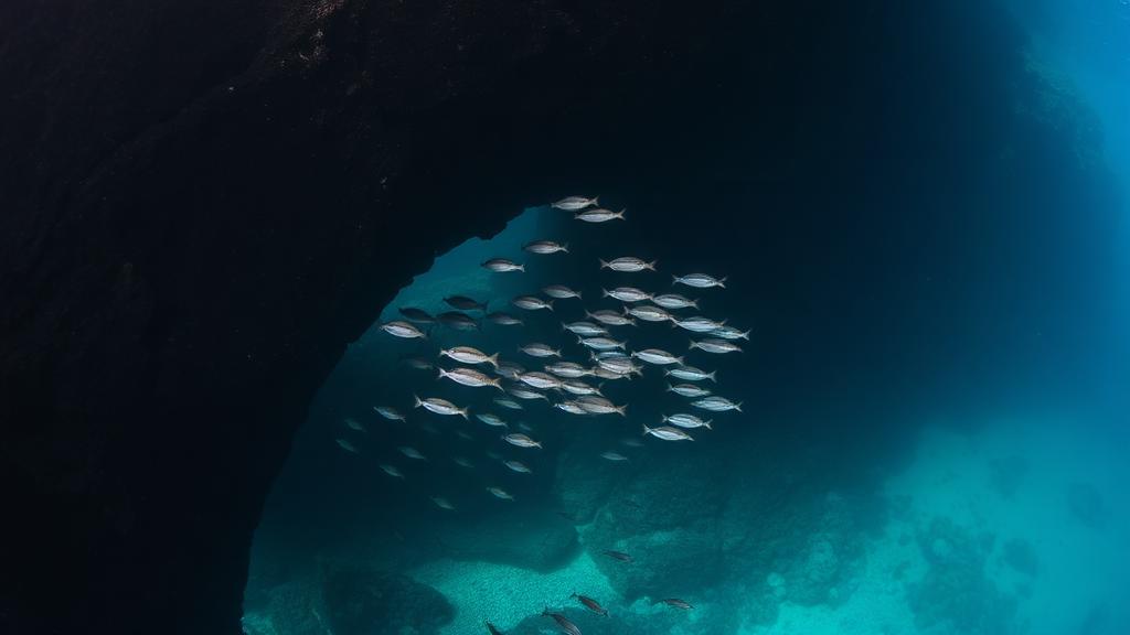 A small silver school suspended in dim open water.