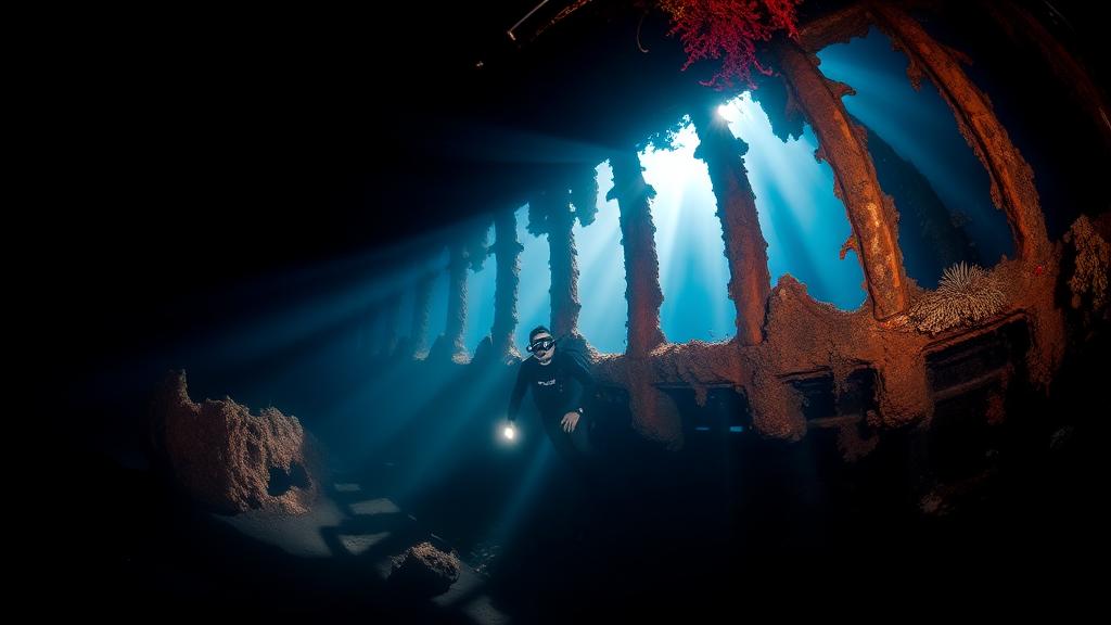 Sunlight streaming through the ribs of a sunken wreck.
