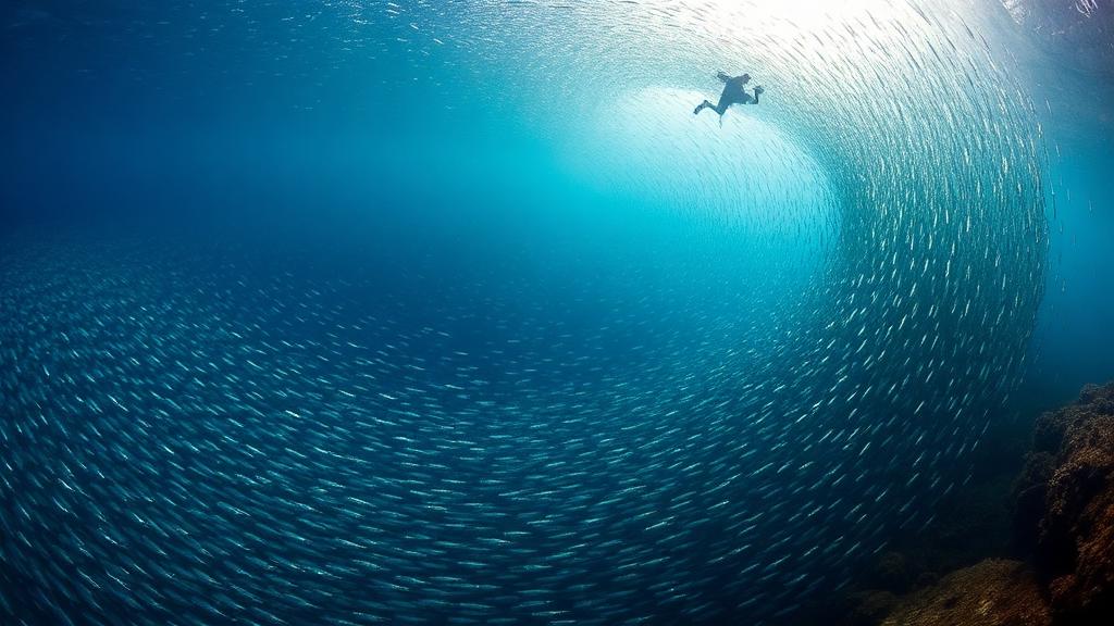 A dense baitball glowing against the light with a shark in the distance.