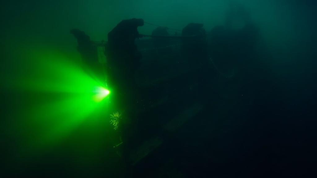 A dive torch cutting a green beam through a dark wreck.