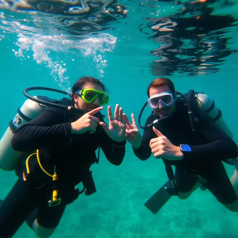 Two divers facing each other underwater, both giving the OK sign in clear turquoise water