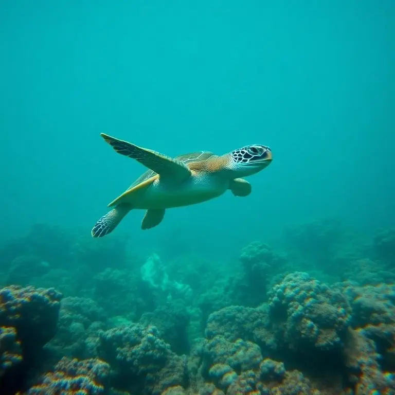 A green sea turtle gliding slowly above a coral reef