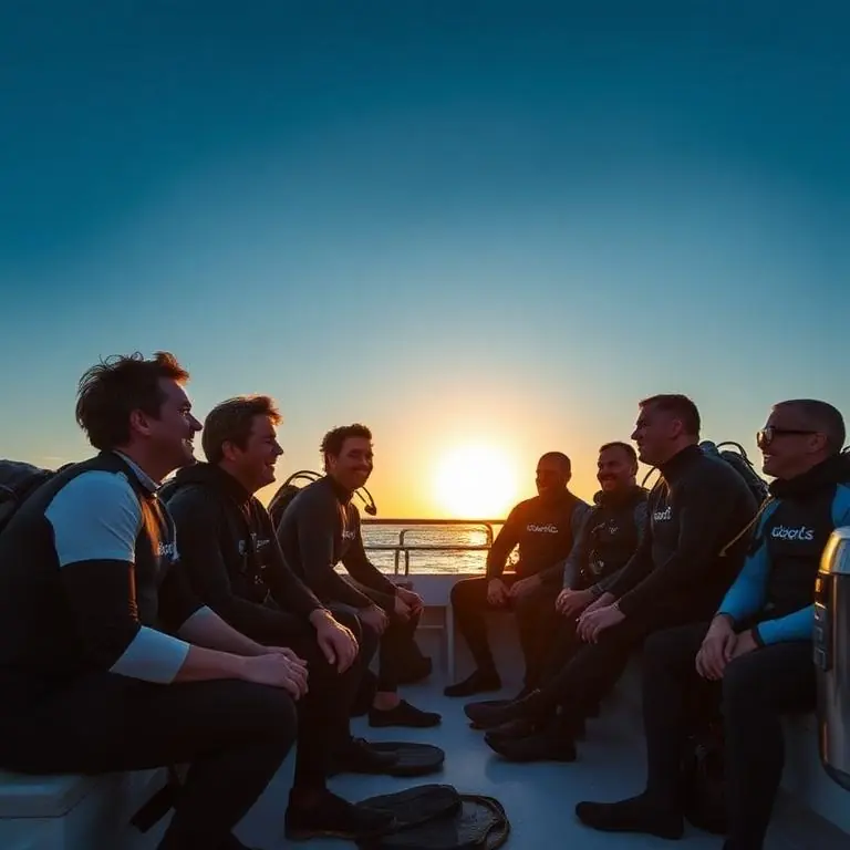 A group of divers in wetsuits sitting together on a boat deck at sunrise