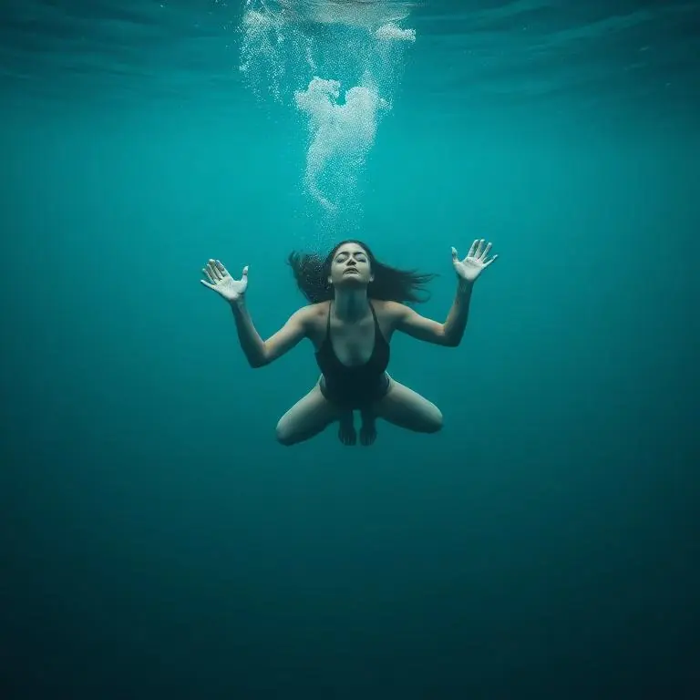 A diver hovering perfectly still mid-water with eyes closed