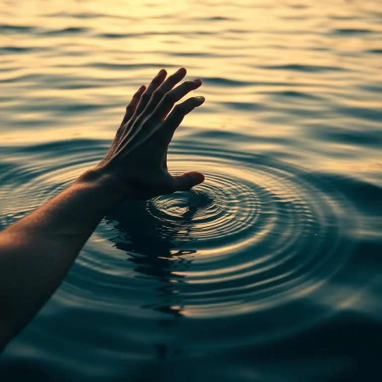 A hand breaking the surface of calm water at dawn, ripples spreading outward